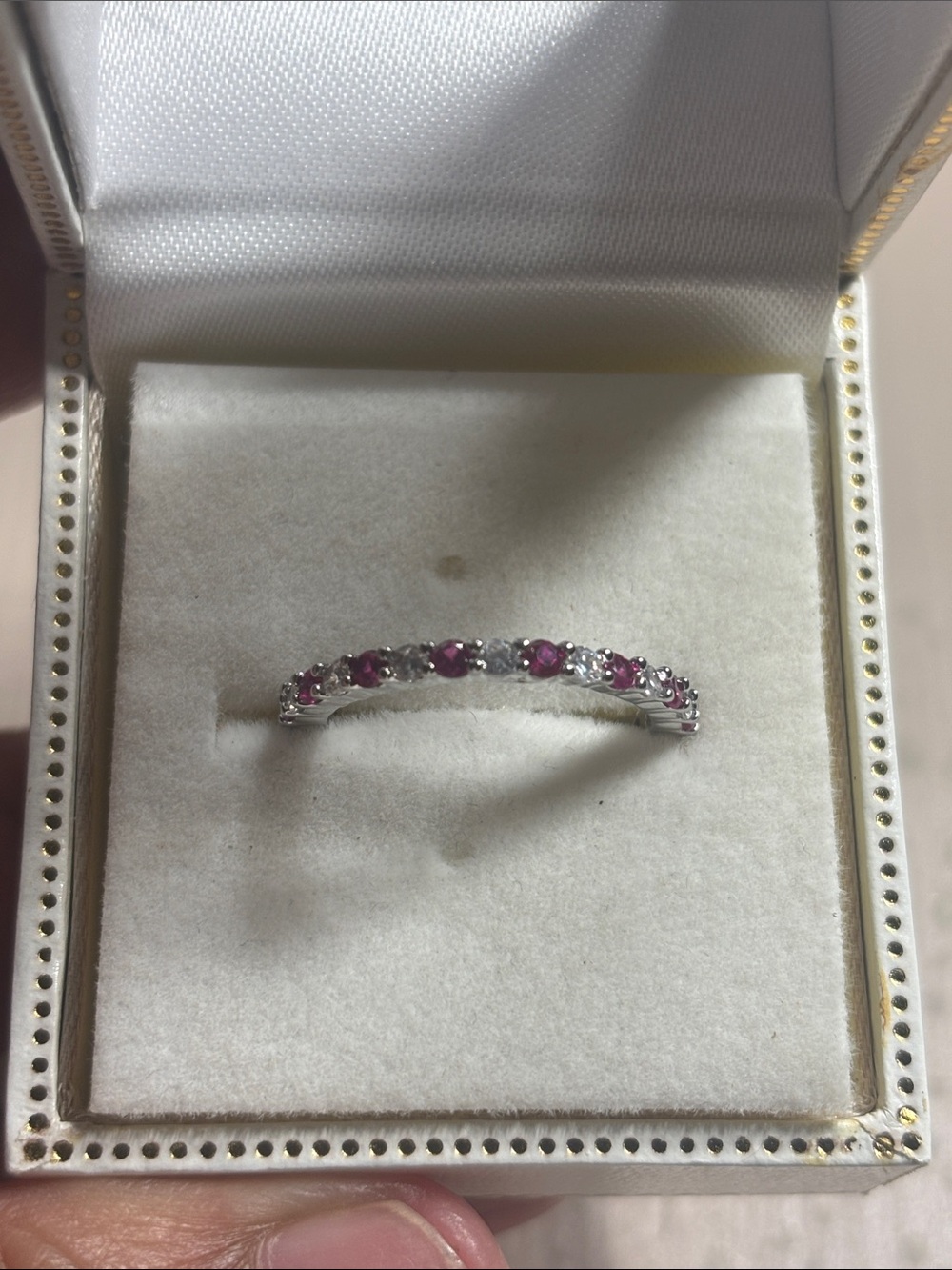 Silver Pink Sapphire Eternity Band Size 7